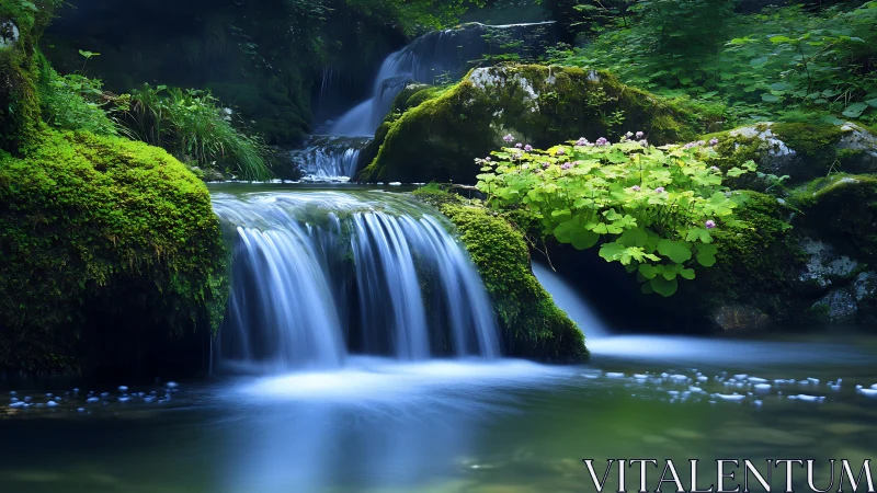 Quiet forest waterfall cradled by moss and soft green light.