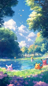Playful Pikachu friends relaxing by a sunny forest pond.