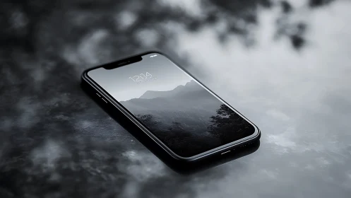 Smartphone with minimalist mountain landscape wallpaper displayed centrally.