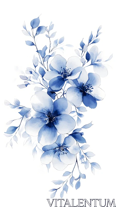 Delicate blue watercolor blossoms drift in serene white space