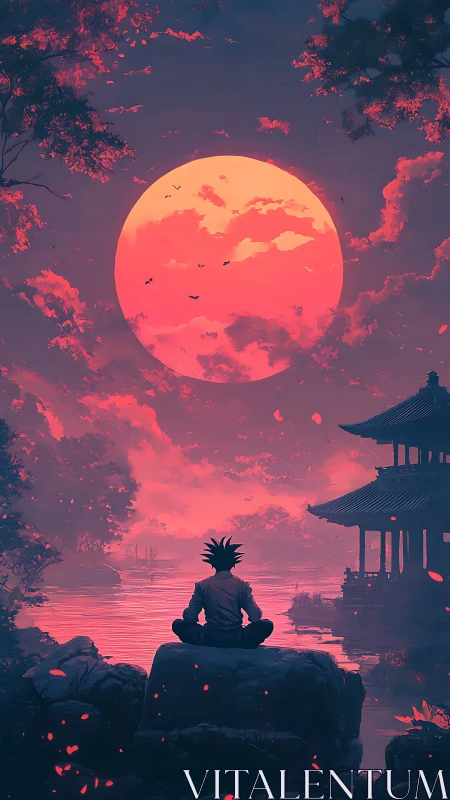 Moon-bloomed silence crowns a lone meditator by riverside