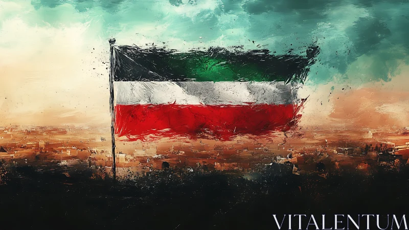 Kuwait flag oil painting over textured desert horizon.