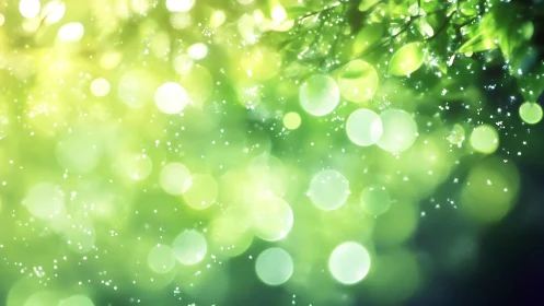 Green bokeh light orbs shimmer over soft leafy background