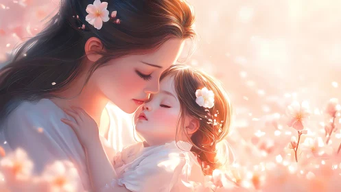Mother Embraces Sleeping Child in Luminous Flower Field