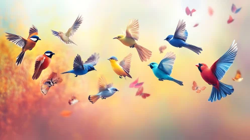 Colorful songbirds in flight with butterflies, dreamy pastel background.