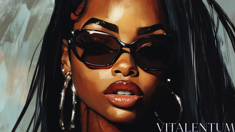 Digital portrait of woman with sunglasses and hoop earrings.