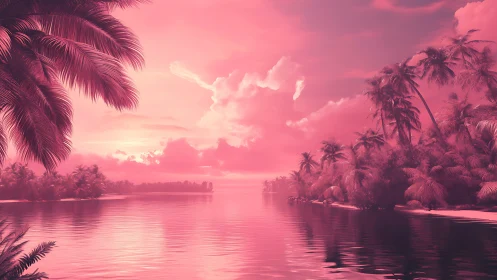 Tropical Lagoon at Pink Hour with Palm Reflections.