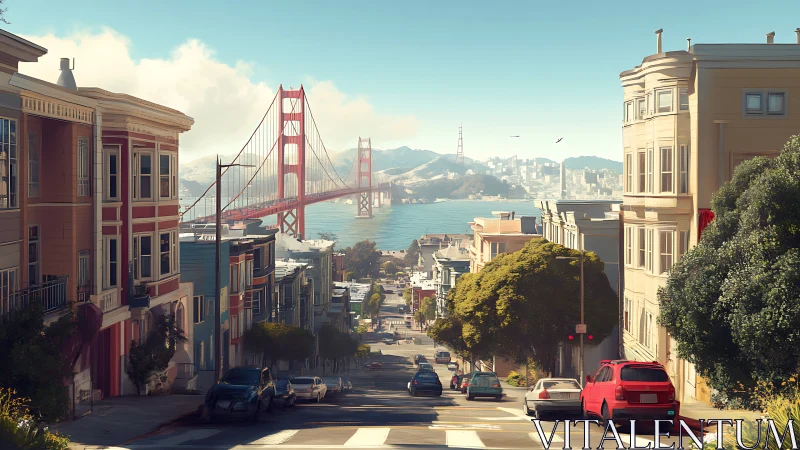 Golden Gate view from sunlit San Francisco hill street.