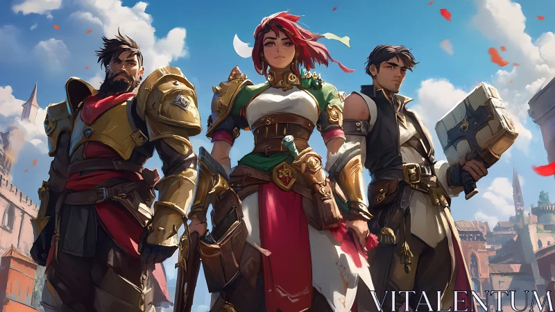 Trio of fantasy warriors in ornate armor under bright sky