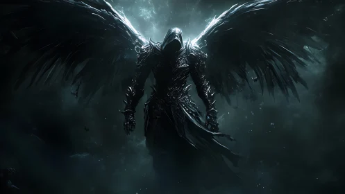 Winged armored figure hovers in dark, mist filled atmosphere