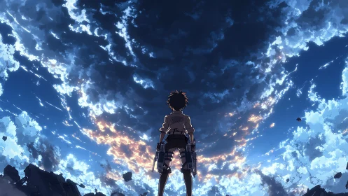 Storm-framed hero silhouette under luminous rift sky.