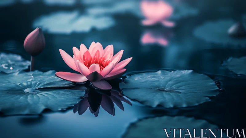 Pink water lily floating on dark reflective pond surface with foliage