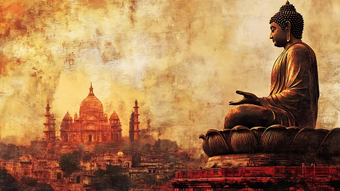 Golden Buddha watching over an ancient, sunlit cityscape.