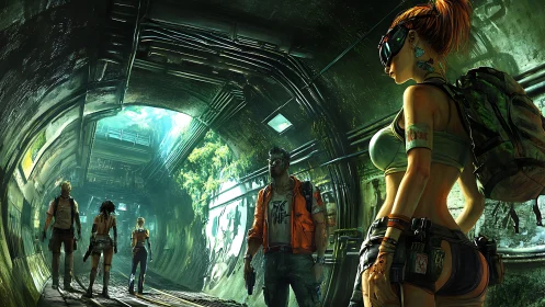 Ragtag explorers trace bold paths through a neon green tunnel