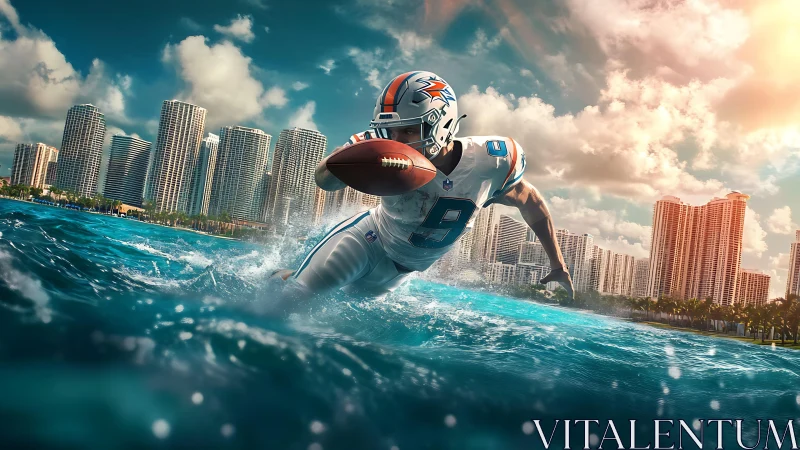 Ocean-sprinting quarterback slices waves before neon skyline.