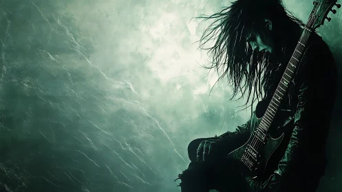 Solitary rock guitarist broods in moody green haze.