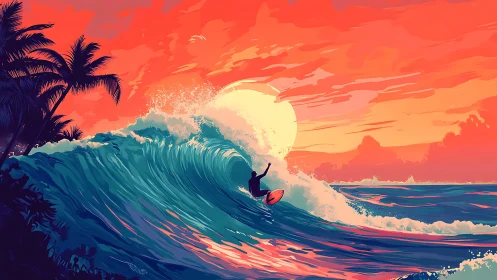 Sunfire surf rider carving neon waves at tropical dusk.