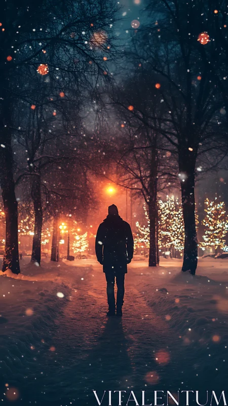 Silhouetted person walking alone on snowy winter street.
