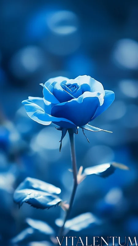 Blue rose with white petal edges displayed against unfocused blue background