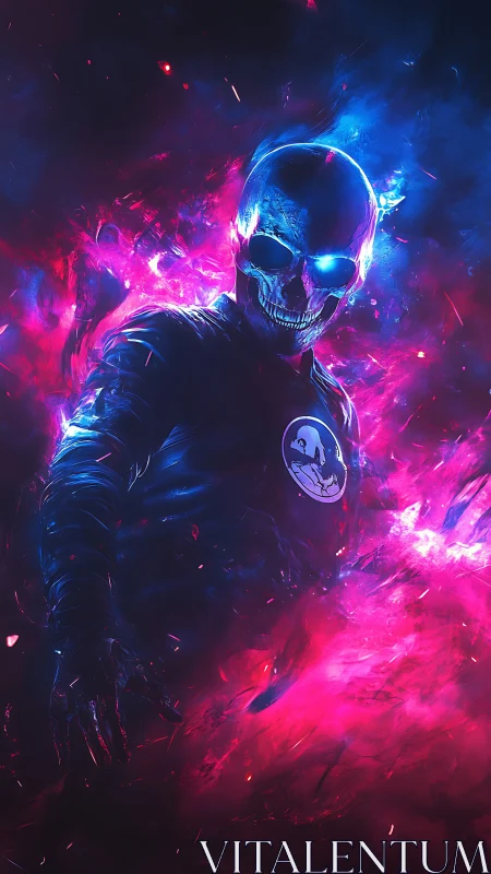 Neon skull guardian walking through glowing cosmic fire.