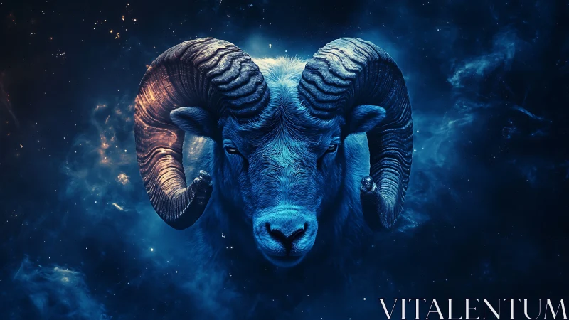 Celestial blue ram portrait rendered in luminous digital realism