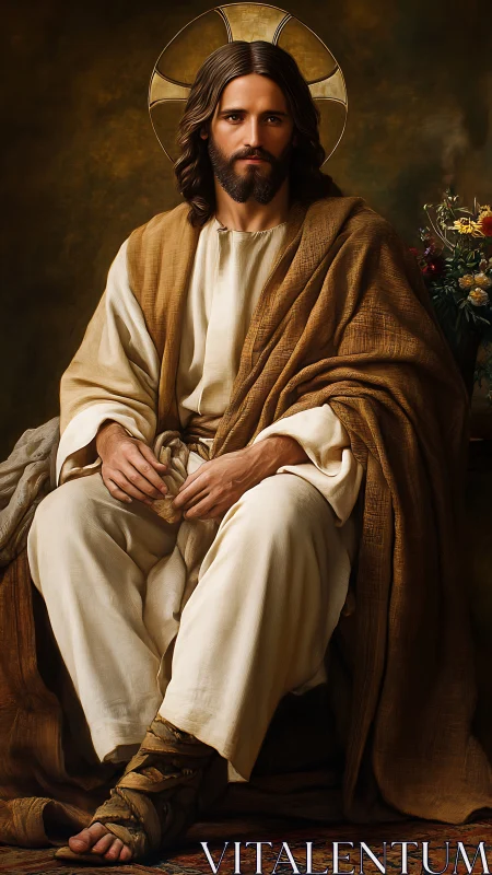 Serene robed figure with halo in warm classical lighting.