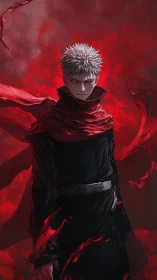 Stoic white‑haired anime figure in swirling red aura.