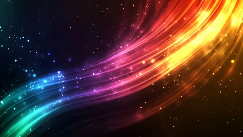 Prismatic light trails arc through cosmic starfield glow.