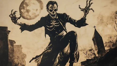 Skeletal reaper figure lunging over graveyard at night.