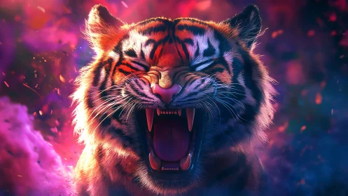 Neon lit roaring tiger portrait with cinematic bokeh haze