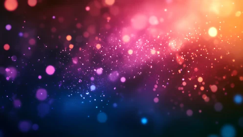 Multicolor abstract bokeh light particles on dark gradient.