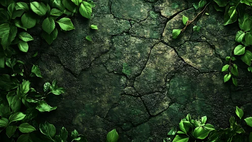 Cracked green stone surface bordered by dense leafy plants
