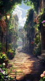 Sunlit flower-lined alleyway inviting a slow wander.