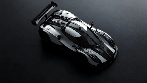 Top view of black and white carbon fiber race car render.