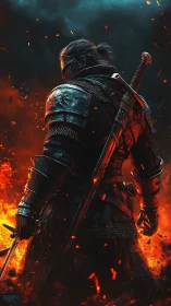 Armored swordsman stands amid fire and rising embers.