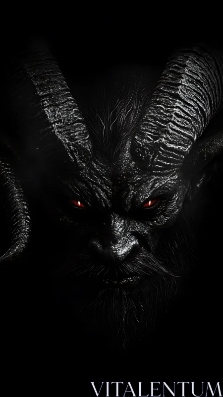 Horned midnight demon with ember eyes staring back.