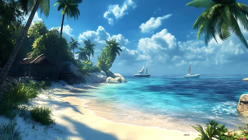 Tropical Lagoon Composition with Sailcraft Anchorage.