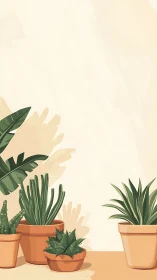 Terracotta potted succulents with tropical foliage on beige wall