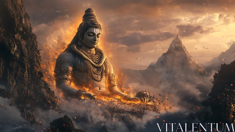 Colossal meditative deity glows amid fiery Himalayan peaks.