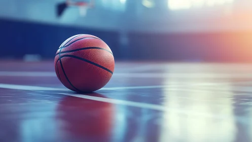 Textured basketball on varnished indoor hardwood court surface