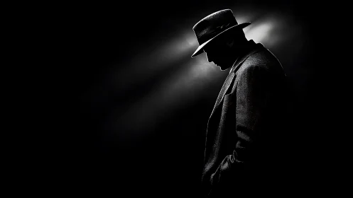 Low key noir profile of trench coat figure in rim light