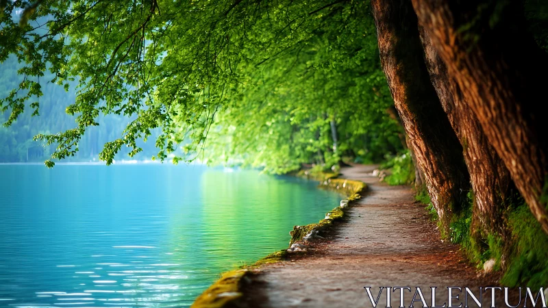 Lakeside forest path curves gently beside glowing turquoise water.