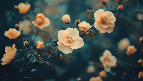 Cream-colored roses bloom with soft depth of field against moody teal backdrop.