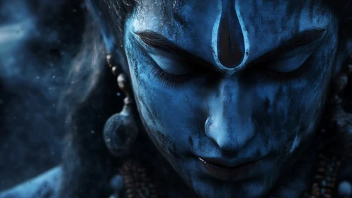 Blue divine face in meditative closeup with soft rim light