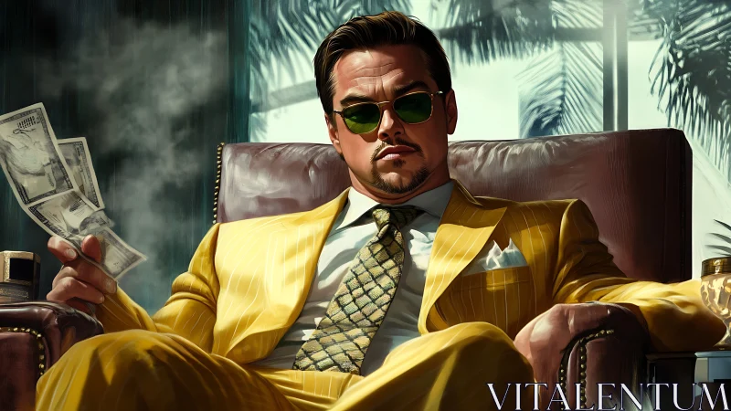Confident man in yellow suit lounges holding money