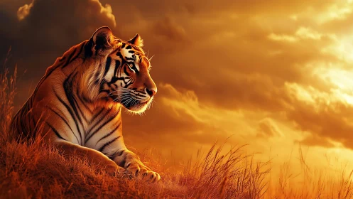 Tiger resting on grassy ridge under orange sunset sky.