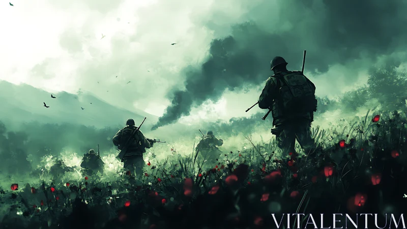 Soldiers advance through misty battlefield with distant smoke