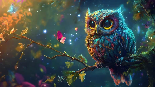 Whimsical Owl on Branch in Vibrant Fantasy Forest Artwork.