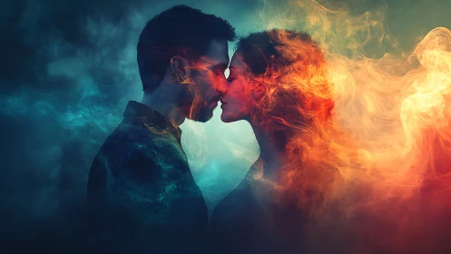 Double exposure portrait of two figures with contrasting thermal color elements.