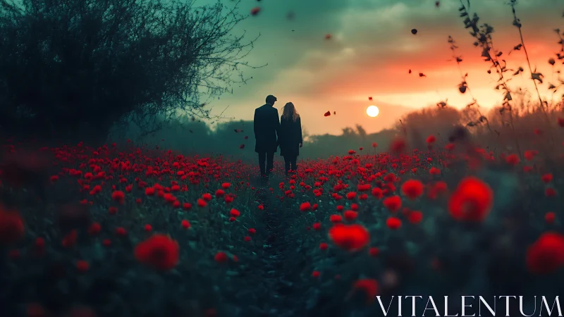 Two souls wander through crimson fields where dreams bloom eternal